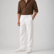شلوار لنین راسته رگولار بسیار خنک مردانه سفید برند H&M سوئدی 2079