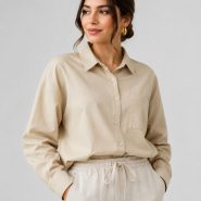 شومیز کتان نخی باکیفیت و بسیار خنک از برند Bershka اسپانیایی کرمی کد 2106